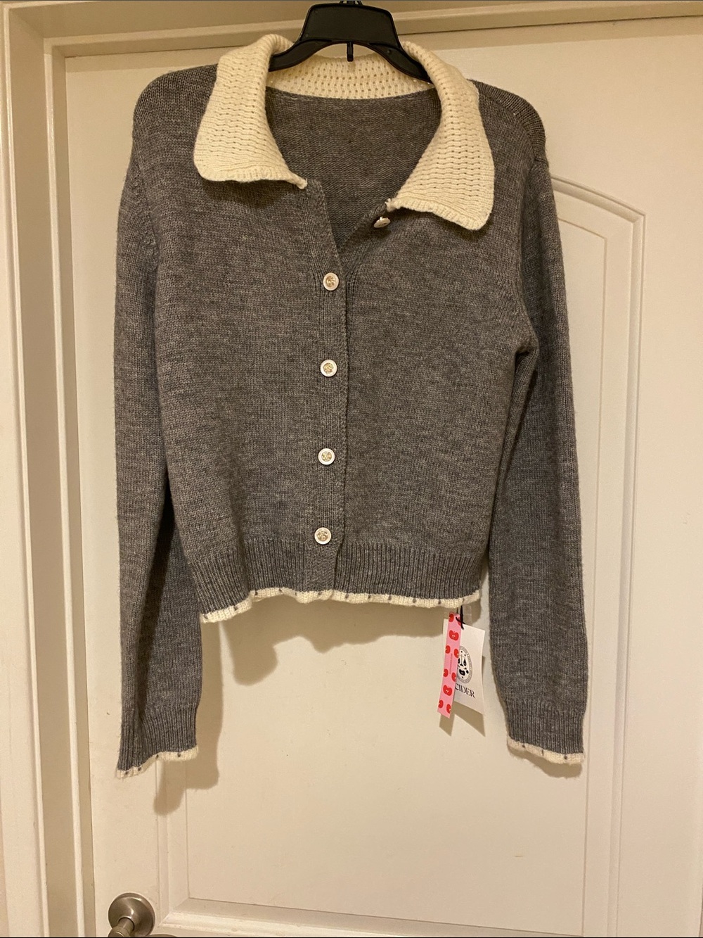 Cider Gray Knit Button Cardigan with Cream Collar